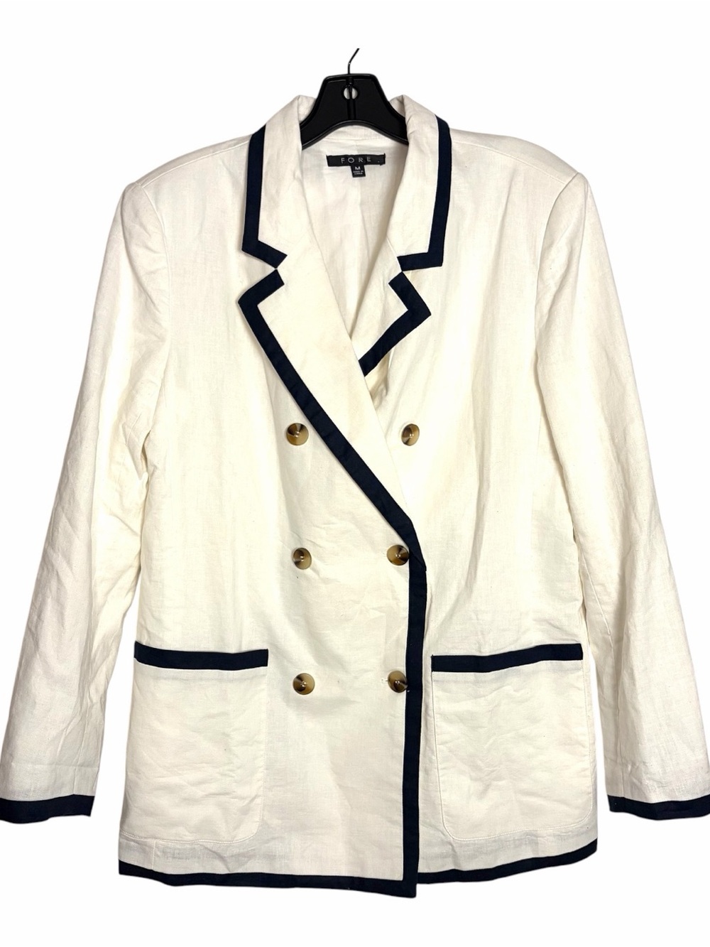 FORE Double Breasted Blazer Lined Off White Blue Trim Linen Cotton M TINY STAIN